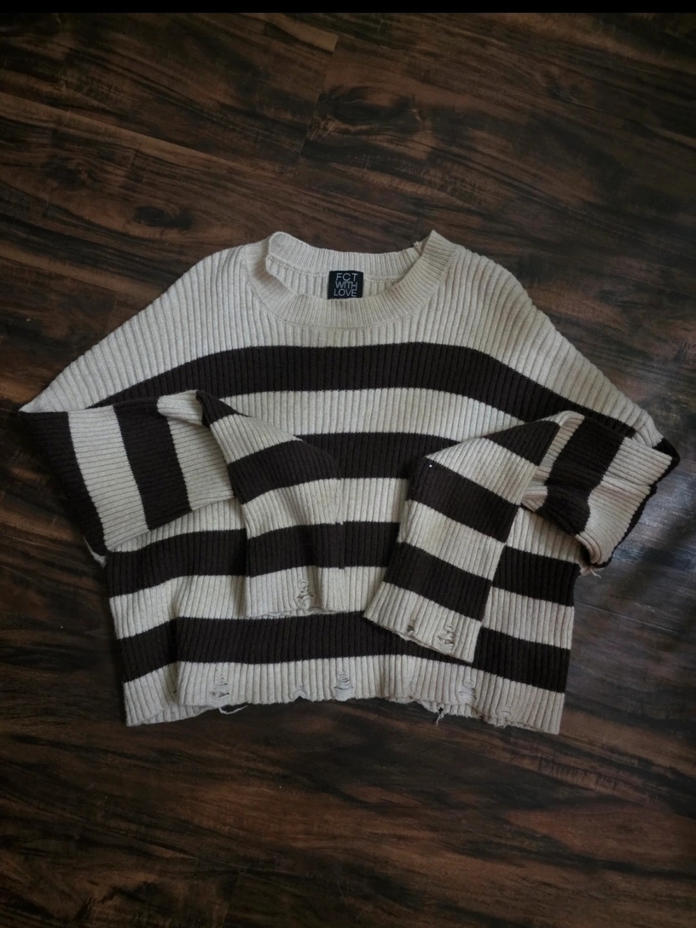 Striped Distressed Crewneck Sweater in Cream and Brown by FCT I♥LOVE